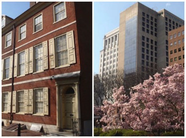 The 400 block of Locust Street's quaint colonial homes (right) and blossoming trees are surprisingly tucked beneath the high-rise offices (left) of Independence Mall.
