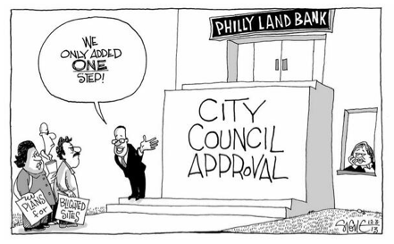 A Daily News cartoon skewering Council President Clarke's attempt to add the step of Council approval to Land Bank deals. (Image via Philadelphia Daily News).