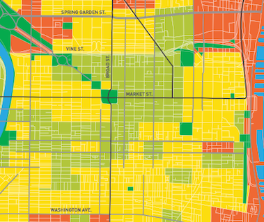 This map from the CCD Report shows the rate of car-free commuters in Center City. 75% or more of residents in Light Green areas do not use a car to get to work. Yellow areas indicate 50-75% and Orange areas under 50% of resident car-free commuters. (Image courtesy of C.C.D.)