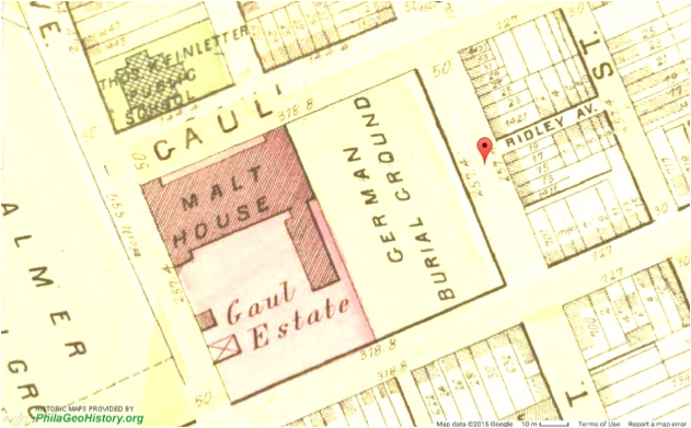 1875 map of the block (Ridley Avenue at the time), which predated the 600 block, pictured here occupied by a factory, cemetery, and estate