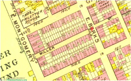 This 1910 map shows Ridley Avenue renamed as Miller Street and its extension into the 600 block, running between East Montgomery and Berks Streets
