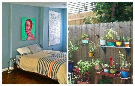 Gregorio's artwork, including this fabulous portrait of actress Tilda Swinton, decorates his bedroom (left), while potted plants liven up his new home's backyard (right).