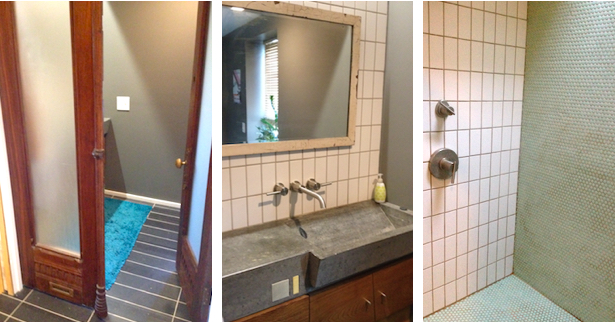 From left to right: Repurposed front door, cast concrete & wood vanity, and seafoam penny-tiled shower