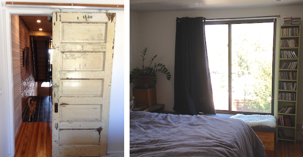 In the master bedroom, another reclaimed door and an impressively large window