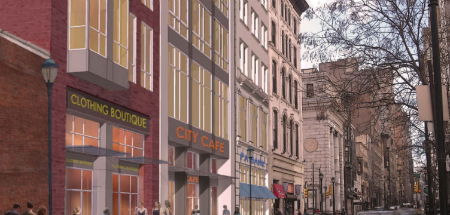 A rendering of the future retail and residential spaces at 1118-28 Chestnut. Image courtesty of Plan Philly.