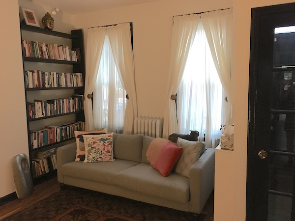 The living room in the house they ended up buying in East Falls, full of natural light and built-in shelving