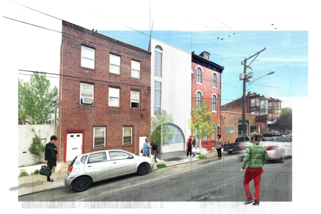 Rendering of Kensington Yards fronting North 5th Street, with the new construction facade (left) and refurbished existing rowhouse (right)