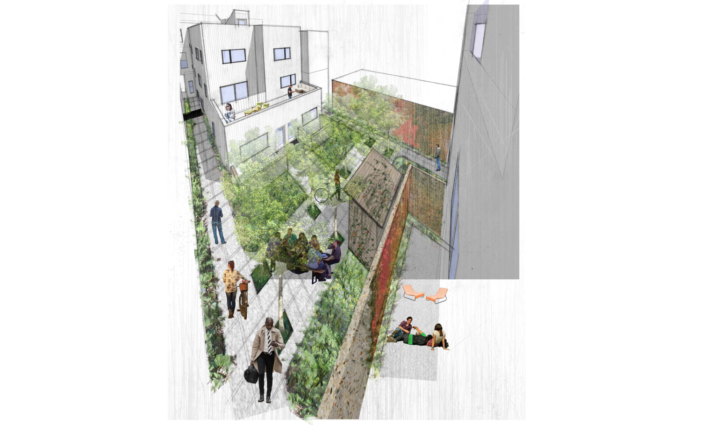 Another rendering of the outdoor common space, as well as some of the private outdoor spaces that each Kensington Yard unit offers
