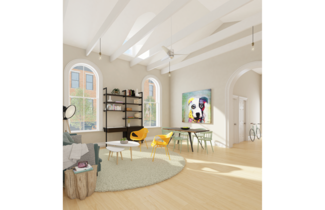 Interior rendering of a 20-foot wide common area in one of the Kensington Yards units