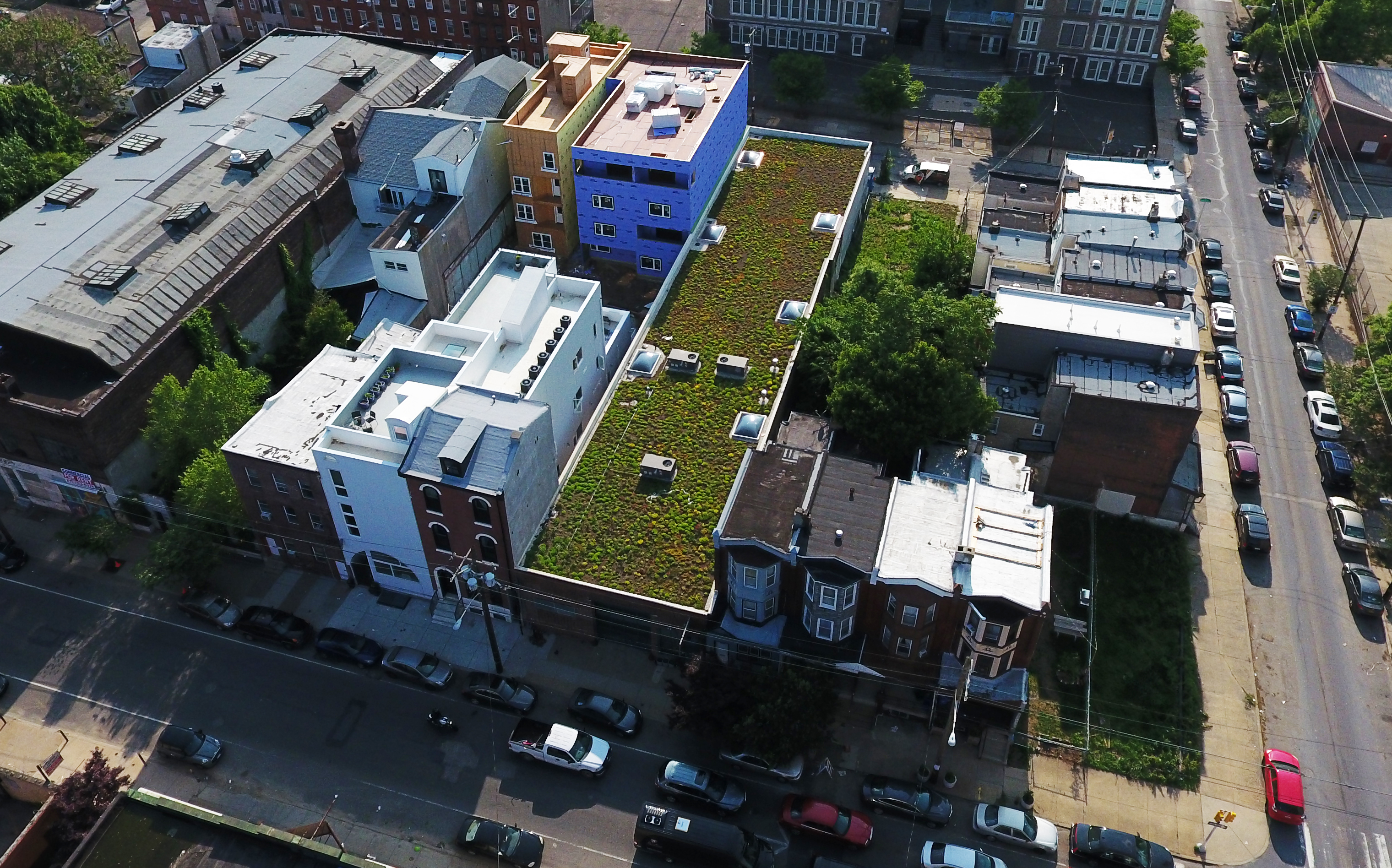 Drone footage of the 7600 SF green roof on 5th street in Kensington