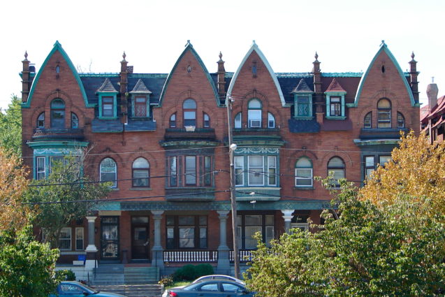 Row house Styles: Gothic Victorian in Parkside Ave in West Philadelphia.