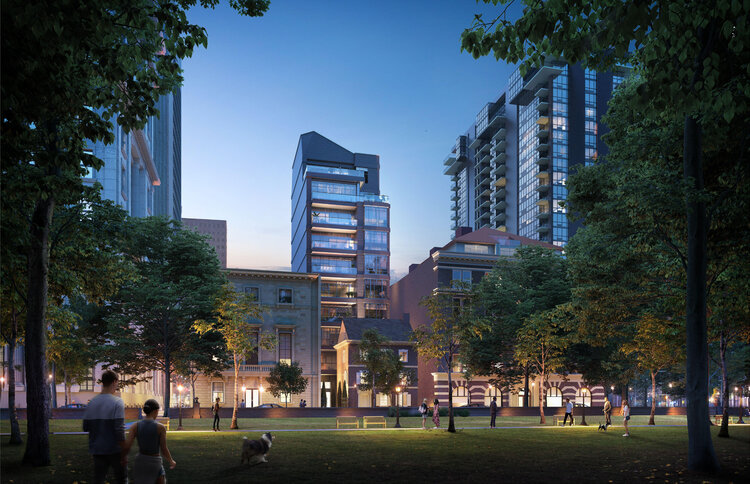 A 2022 rendering from Astoban investments shows the towers that will be built directly behind the Dilworth house.