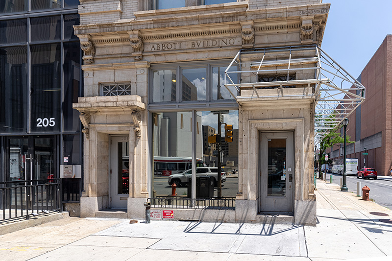 The exterior facade of the Abbott Building in Philadelphia located at 201 N. Broad St.
